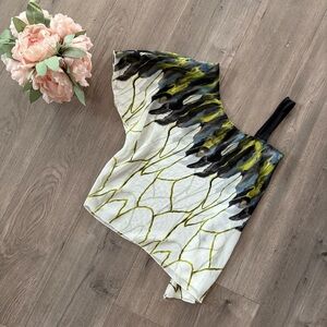 Charlotte Russe Asymmetrical One-Shoulder Blouse - Black, White, Green